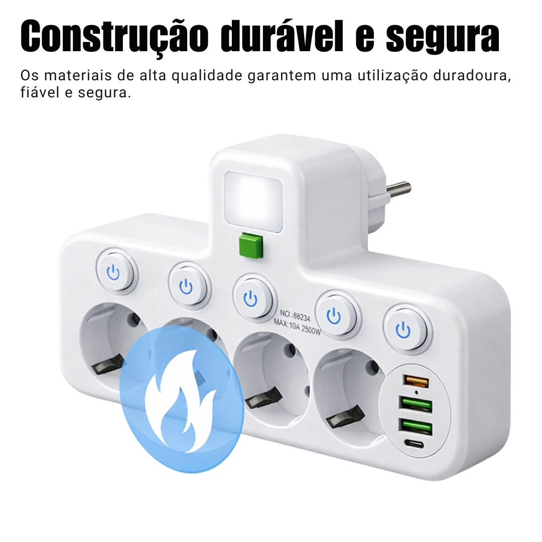 Tomada Adaptadora Múltipla com Interruptores Independentes e Luz Noturna
