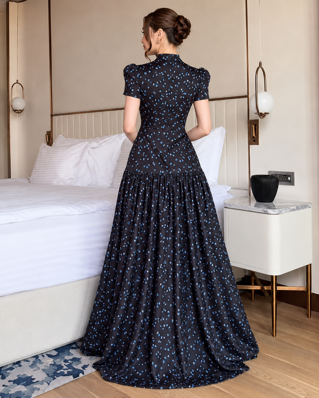 Vestido Comprido Estampado com Manga Curta