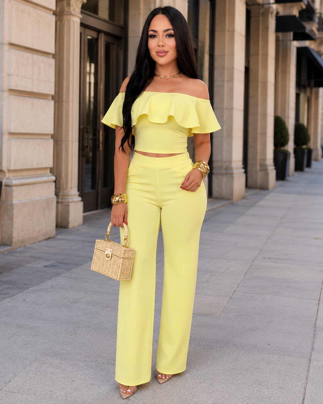 Conjunto de Top Bardot e Calças Palazzo