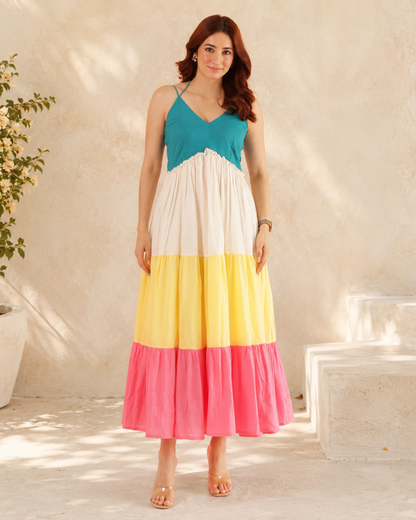 Vestido Midi de Alças com Design em Blocos