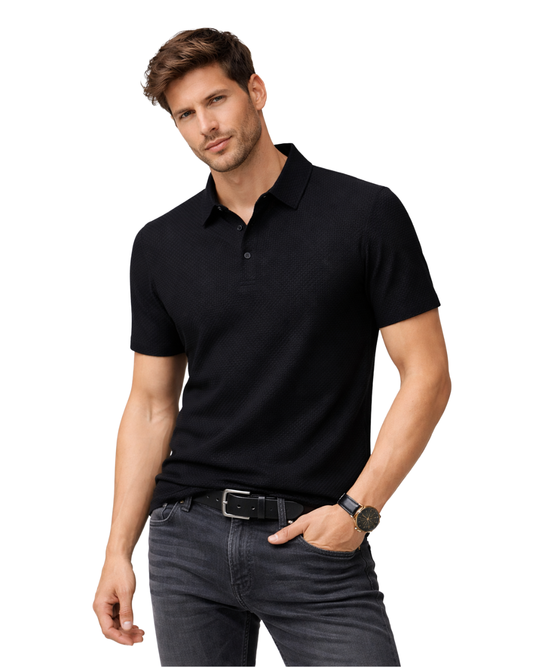 Polo de Malha Premium com Textura Microestrutural e Acabamento Respirável para Homem