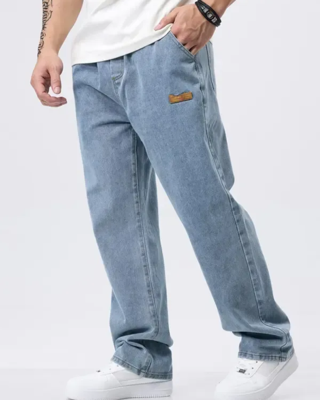 Jeans de Corte Laro com Cintura Ajustável para Homem