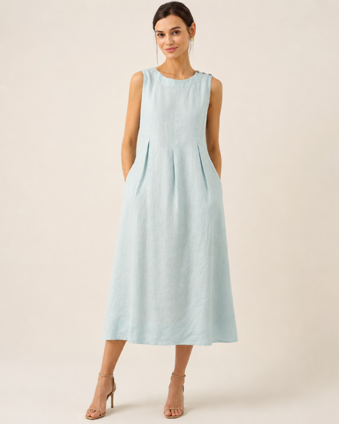 Vestido informal de linho com bolsos laterais