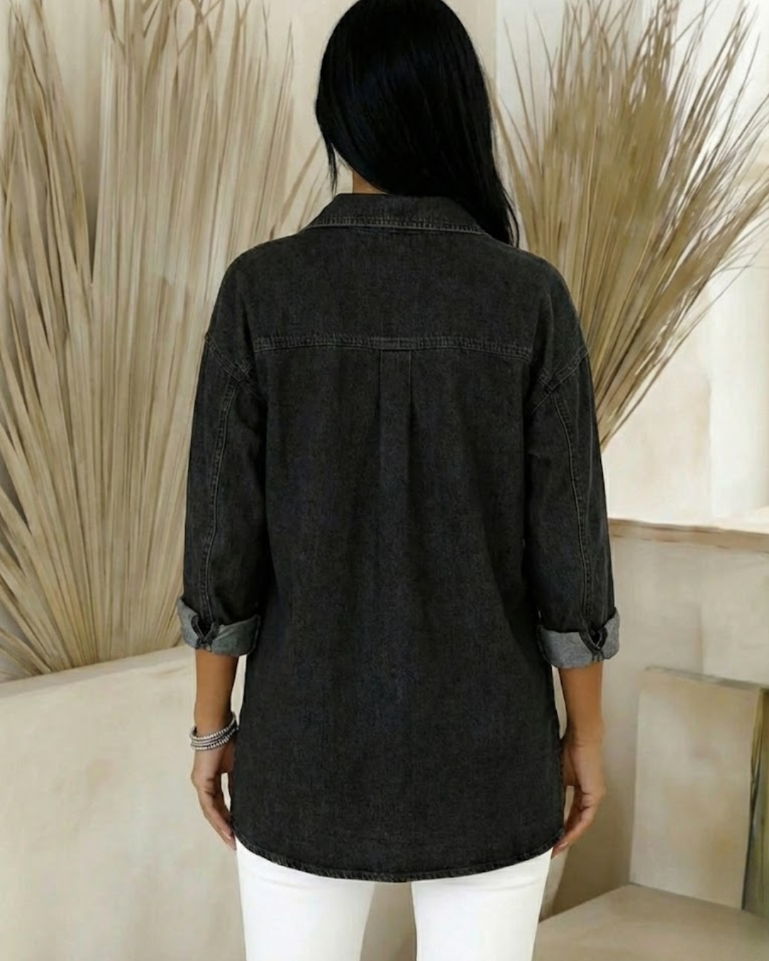 Camisa de ganga de corte largo e manga comprida