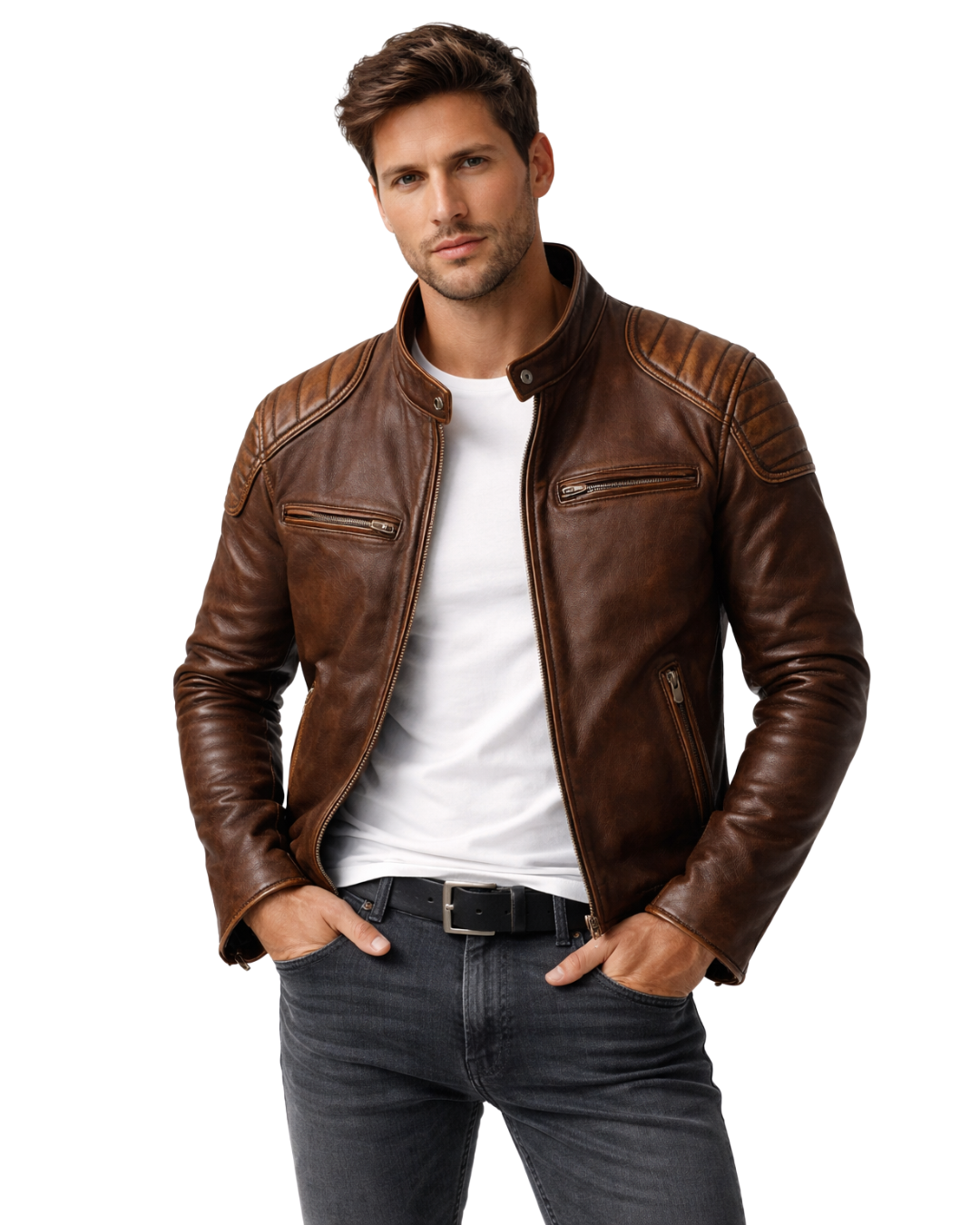 Casaco de couro com design funcional para homem