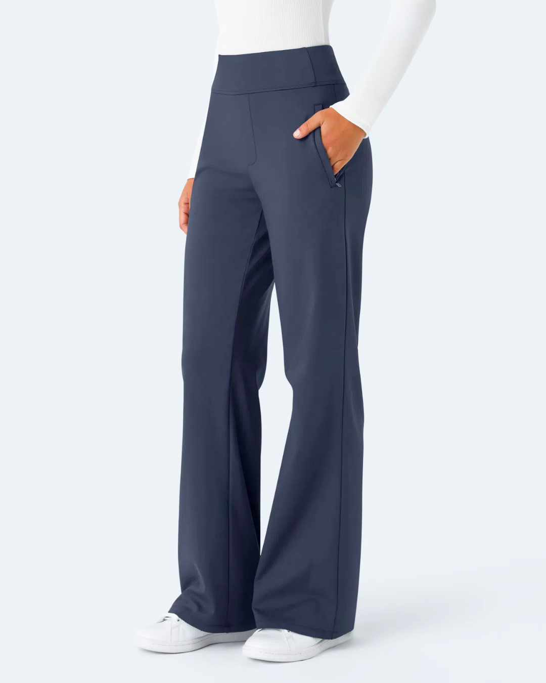 Calças de Trabalho de Cintura Alta com Bolsos Laterais com Fecho de Correr