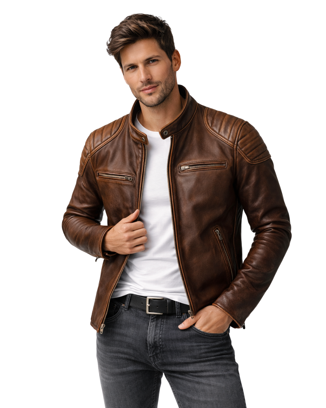 Casaco de couro com design funcional para homem