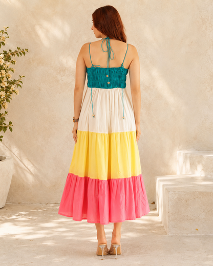 Vestido Midi de Alças com Design em Blocos