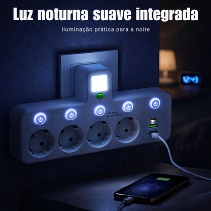 Tomada Adaptadora Múltipla com Interruptores Independentes e Luz Noturna