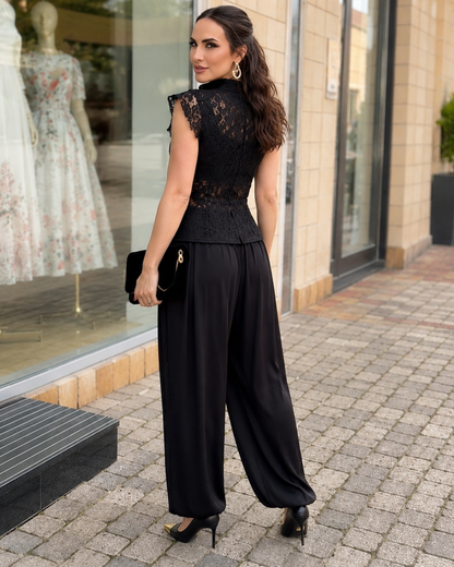 Conjunto Elegante com Blusa de Renda e Calças Fluidas