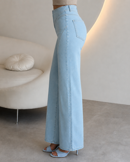 Calças Denim de Perna Larga e Cintura Subida