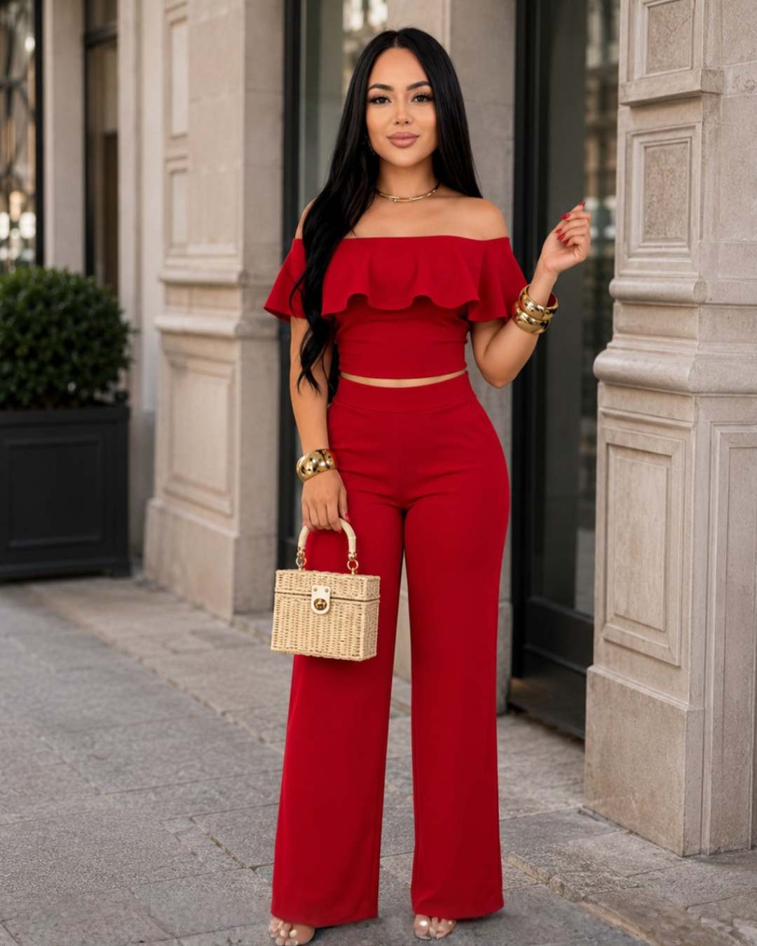 Conjunto de Top Bardot e Calças Palazzo