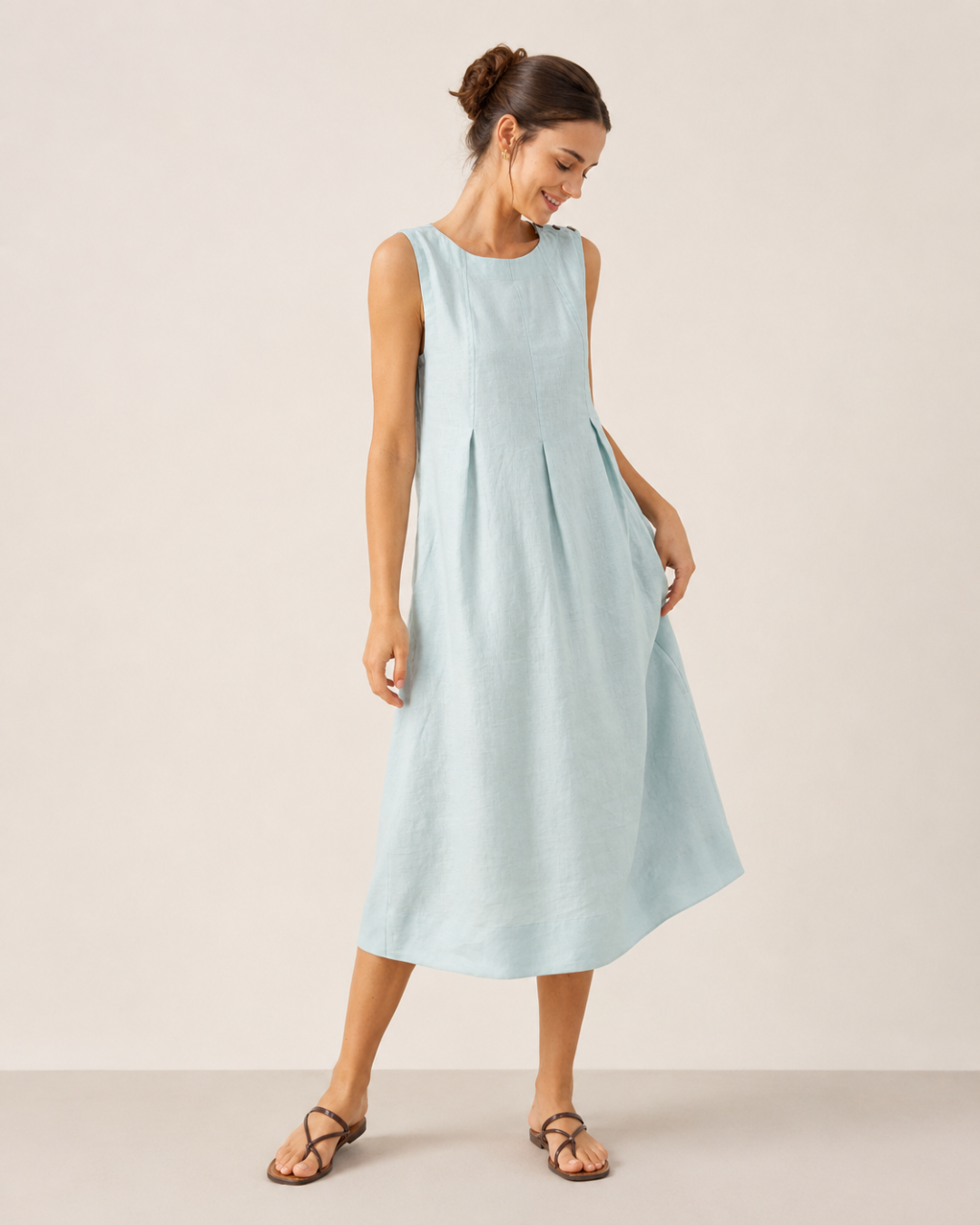 Vestido informal de linho com bolsos laterais