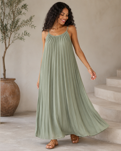 Vestido Comprido Plissado com Alças Finas