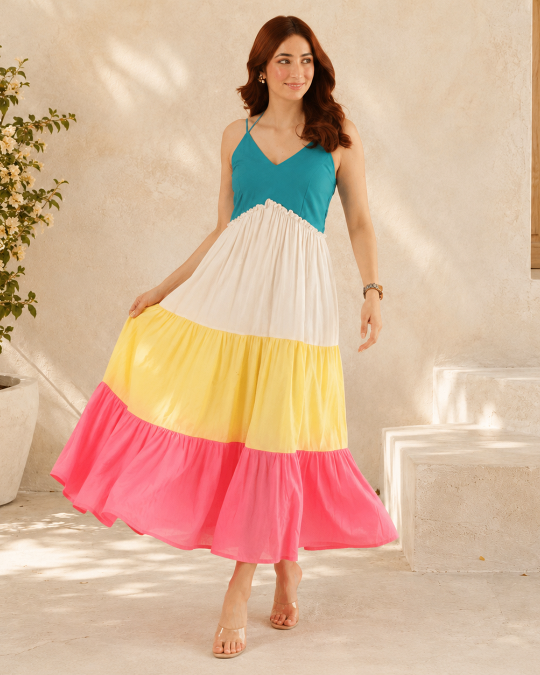 Vestido Midi de Alças com Design em Blocos