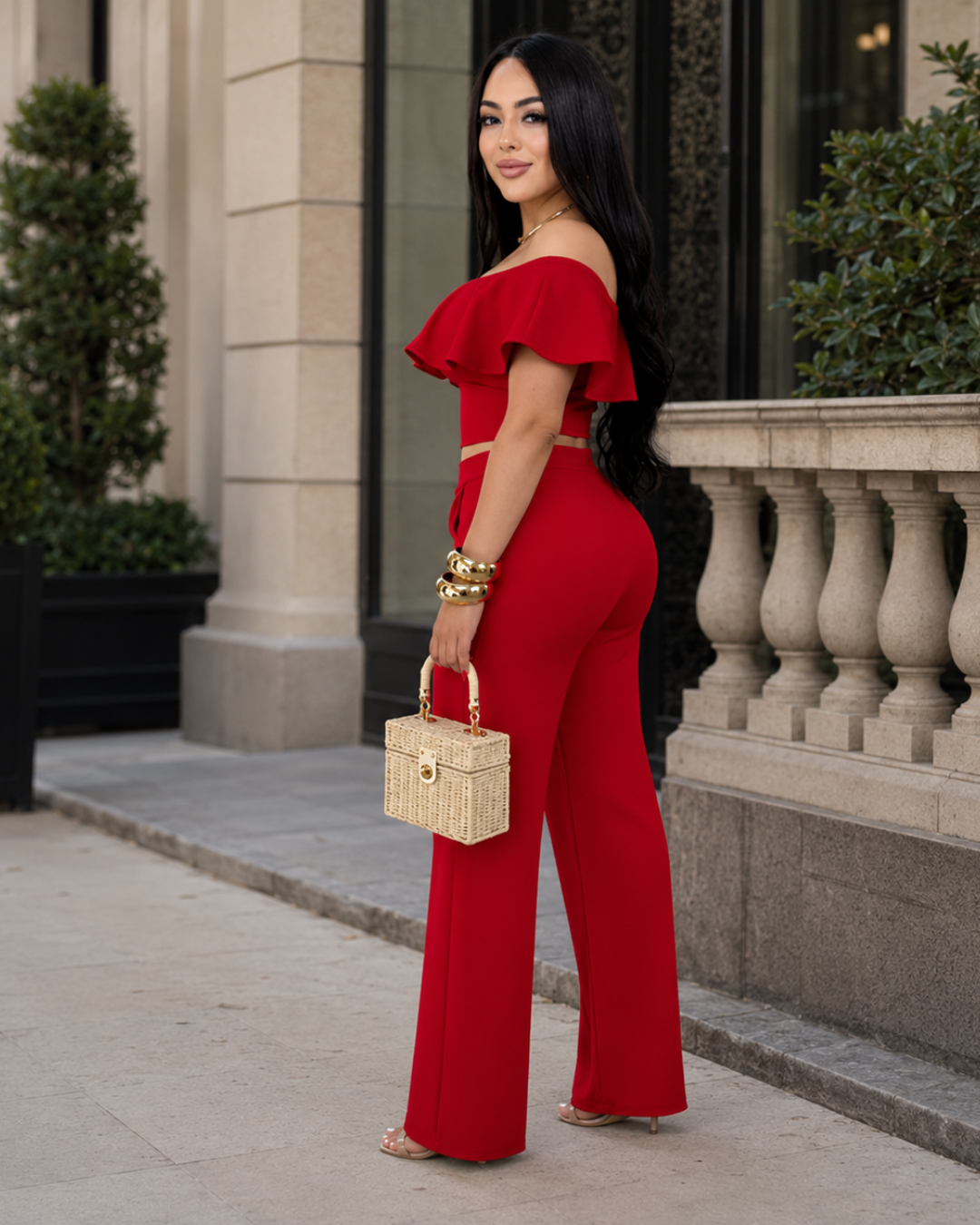 Conjunto de Top Bardot e Calças Palazzo