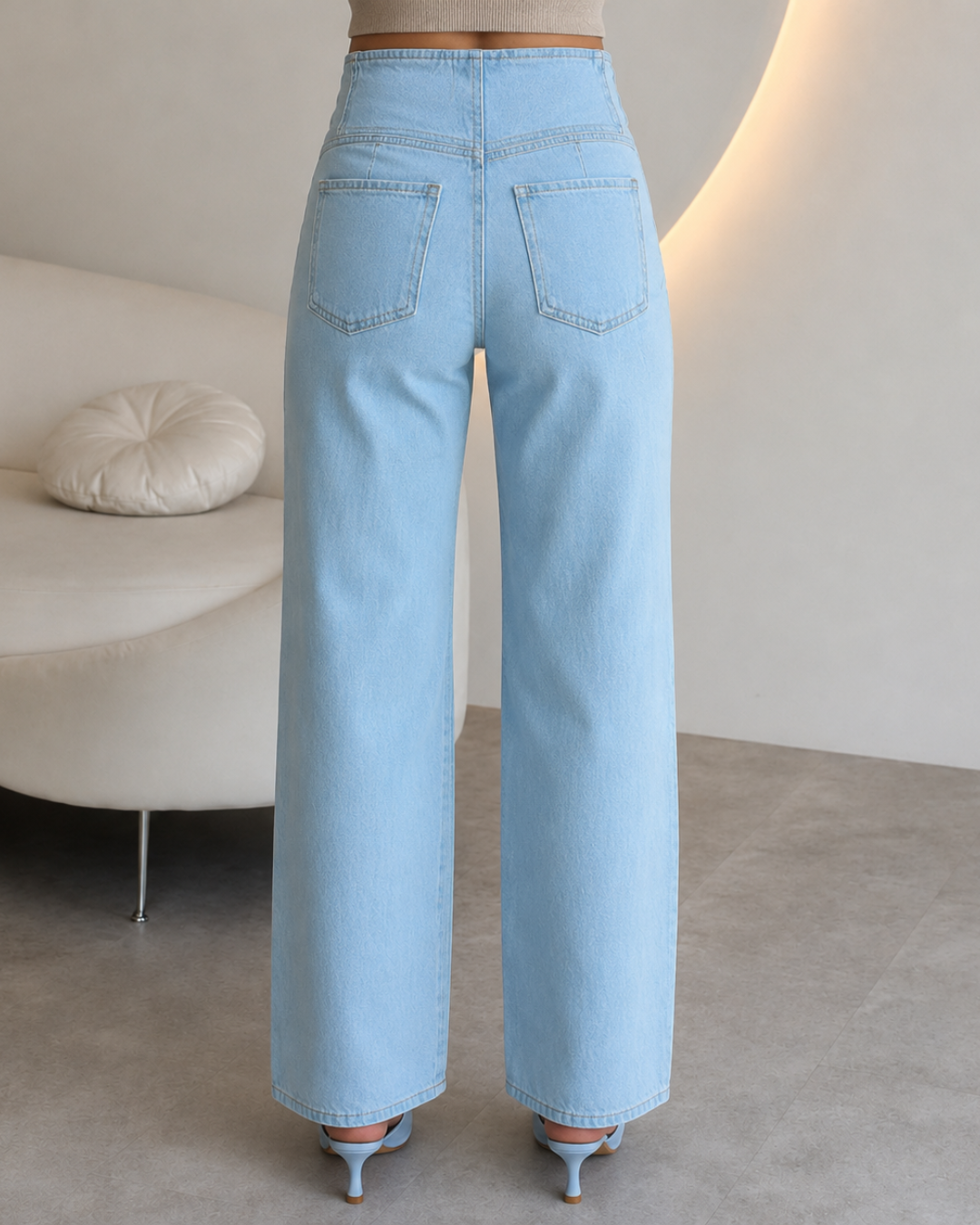 Calças Denim de Perna Larga e Cintura Subida