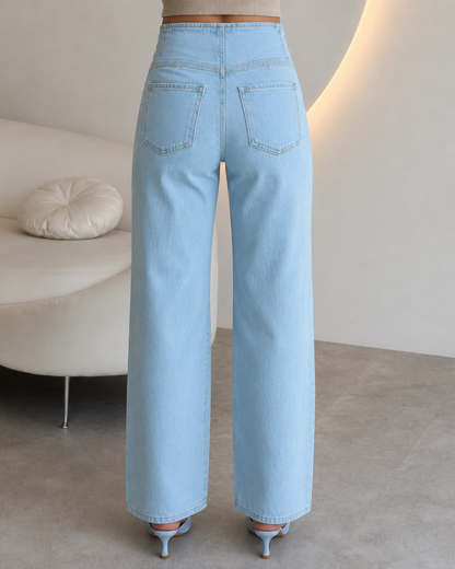 Calças Denim de Perna Larga e Cintura Subida