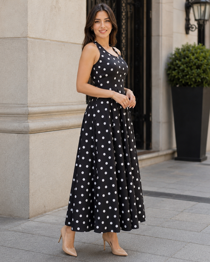Vestido midi de bolinhas com folho