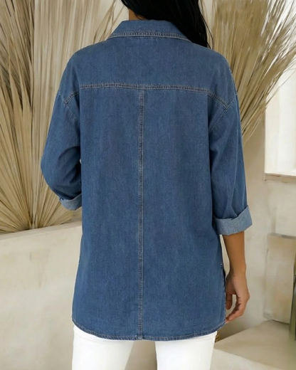 Camisa de ganga de corte largo e manga comprida