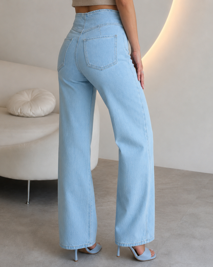 Calças Denim de Perna Larga e Cintura Subida