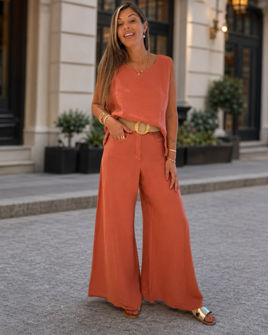 Conjunto Casual de Linho Blusa e Calças Largas