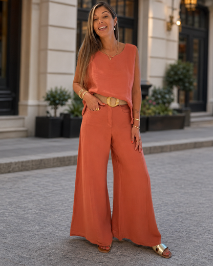 Conjunto Casual de Linho Blusa e Calças Largas