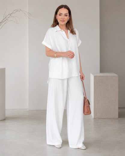 Conjunto Fluido de Polo e Calças Palazzo