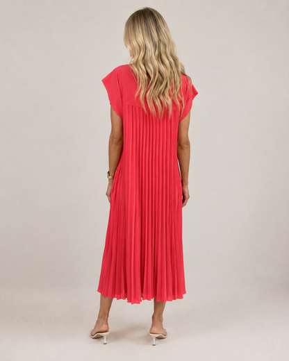 Vestido comprido plissado com mangas franzidas