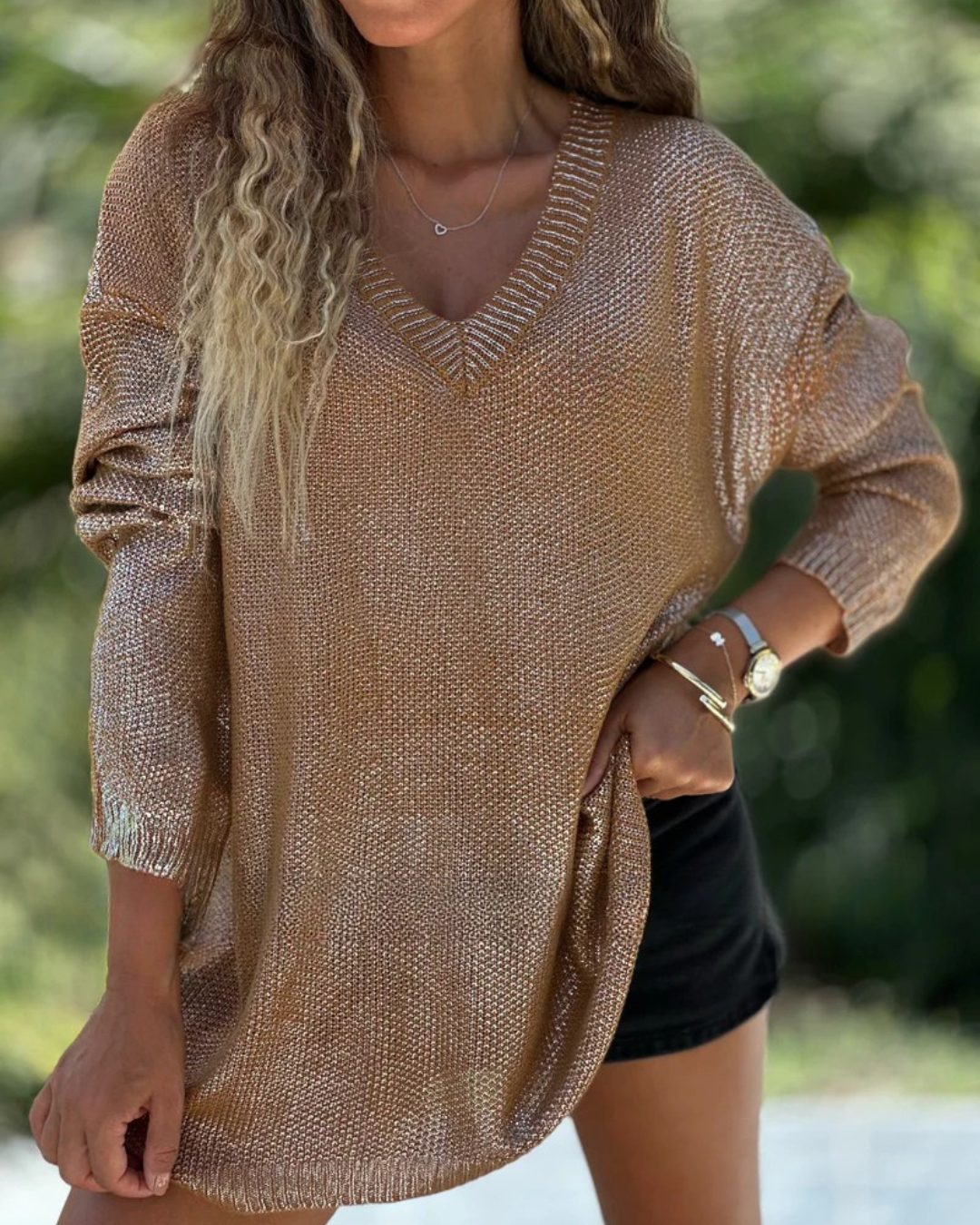 Camisola Malha Brilhante com Decote em V
