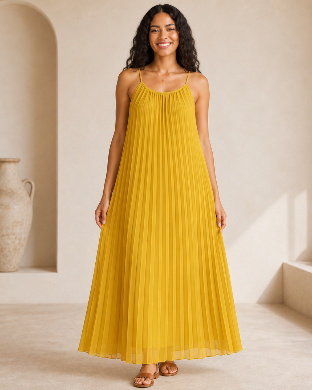 Vestido Comprido Plissado com Alças Finas