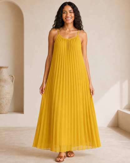 Vestido Comprido Plissado com Alças Finas