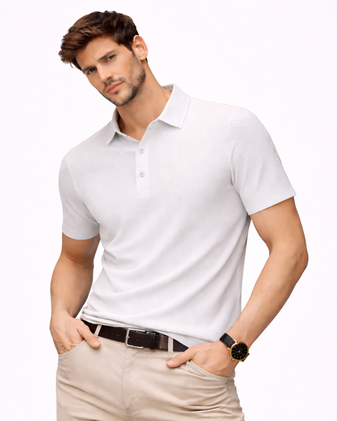 Polo de Malha Premium com Textura Microestrutural e Acabamento Respirável para Homem