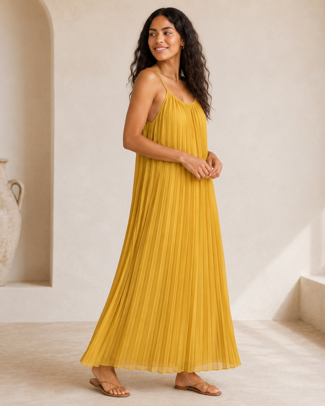 Vestido Comprido Plissado com Alças Finas