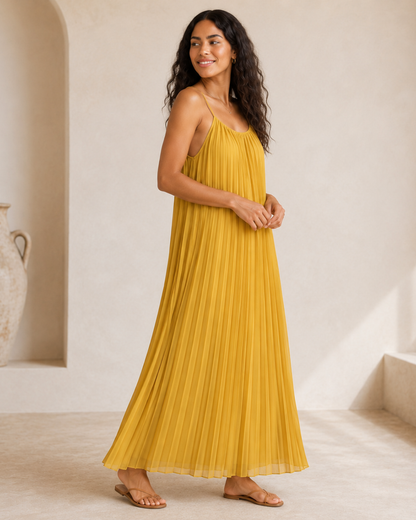 Vestido Comprido Plissado com Alças Finas